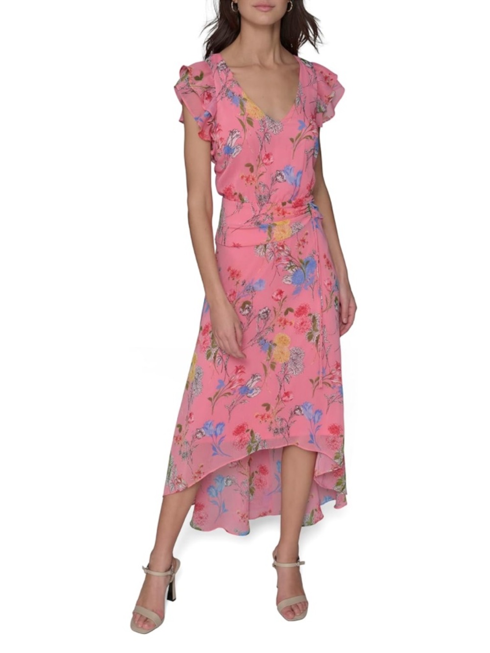 Karlâ Lagerfeld Paris Pink
Floral High-Low Midi Dress Flutter Sleeve Womens 10